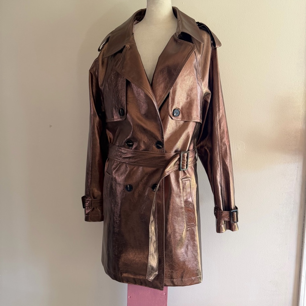 Metallic Bronze Trench Coat - Women's Double-Breasted Belted Jacket